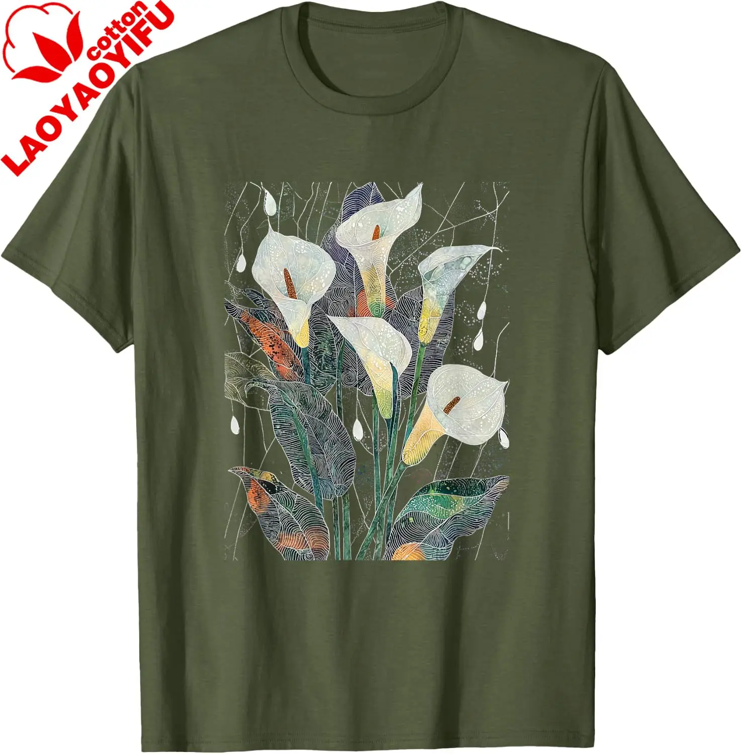 Calla Lillies Elegant Botanical Floral Batik Nature Artwork T-Shirt Men's and Women's 100% Cotton Short-Sleeved Shirt