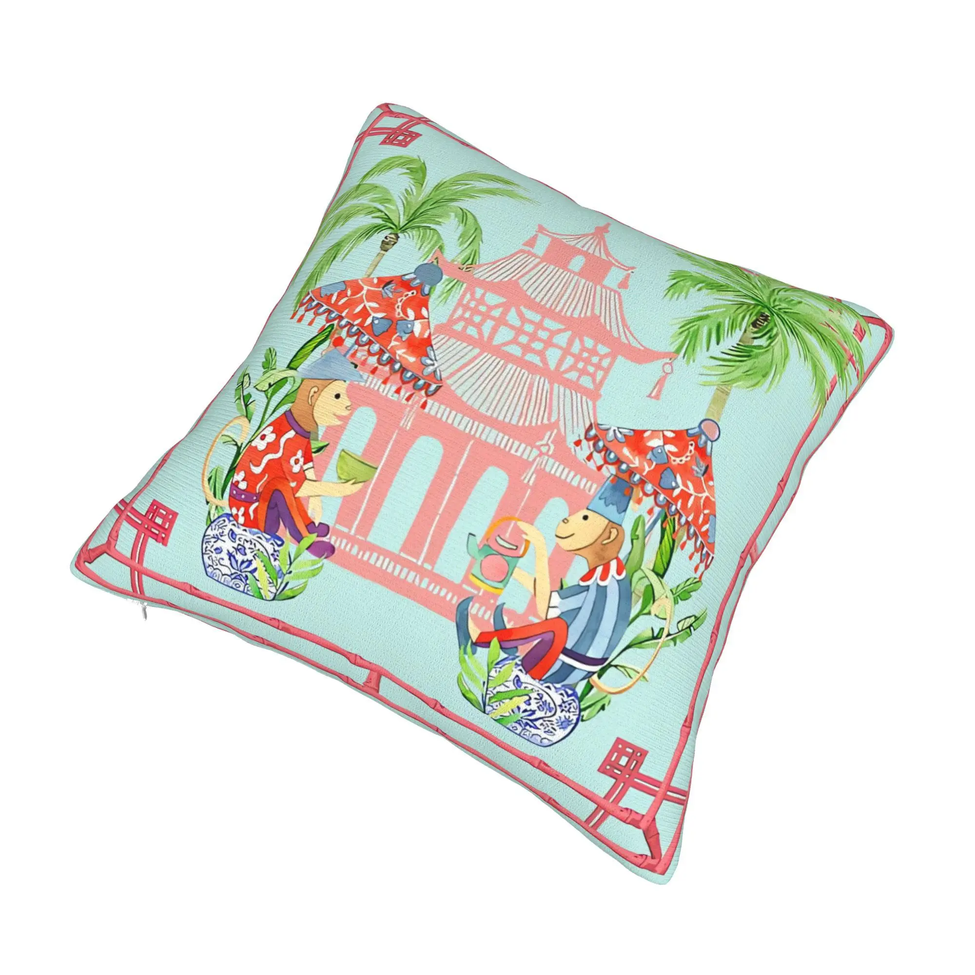 Chinoiserie Themed Double Sided Printed Throw Pillowcase for Seasonal Decoration Changes - Chinoiserie Monkey Pagoda Pavilion Stylish Home Accent