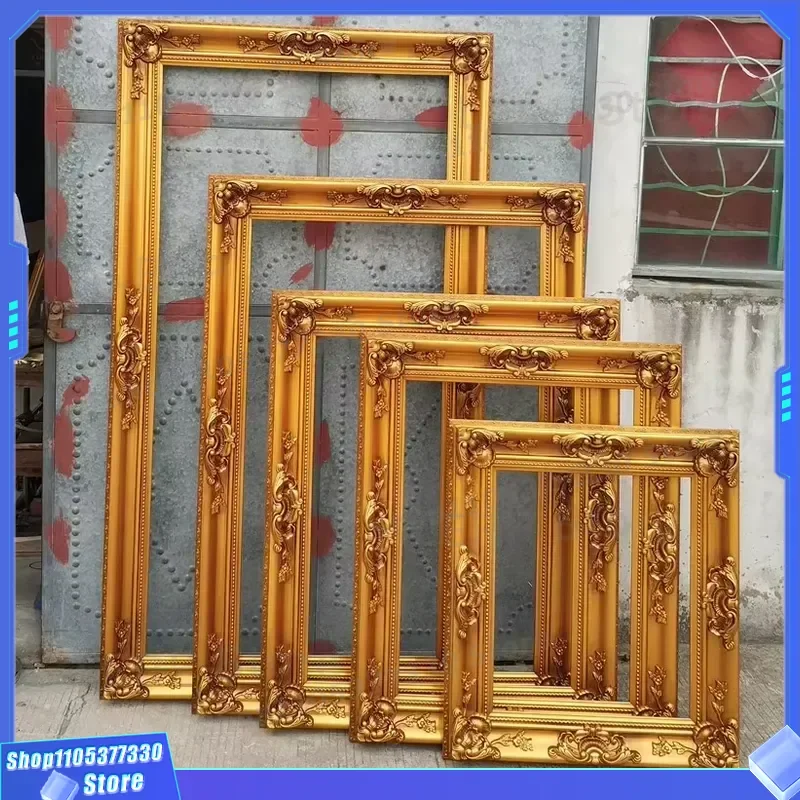 Large Solid Wood Photo Frame Handmade Retro European Style Golden Horn Flower Decorative Mirror for Oil Painting Eco Friendly