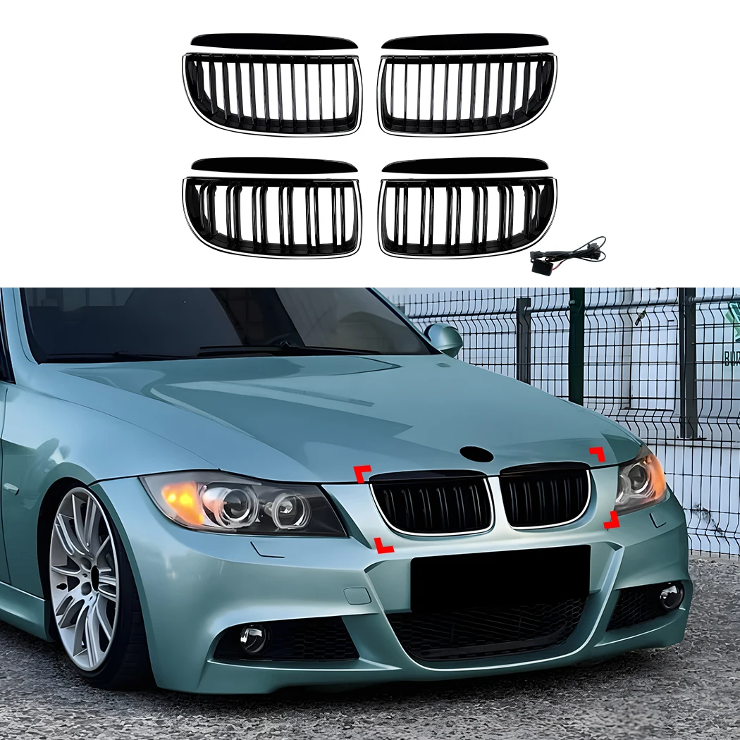 

For BMW 3 Series E90 E91 Pre-LCI 2005 2006 2007 2008 Pair Gloss Black Front Grille Kidney Center Hood Racing Grill Body Kit