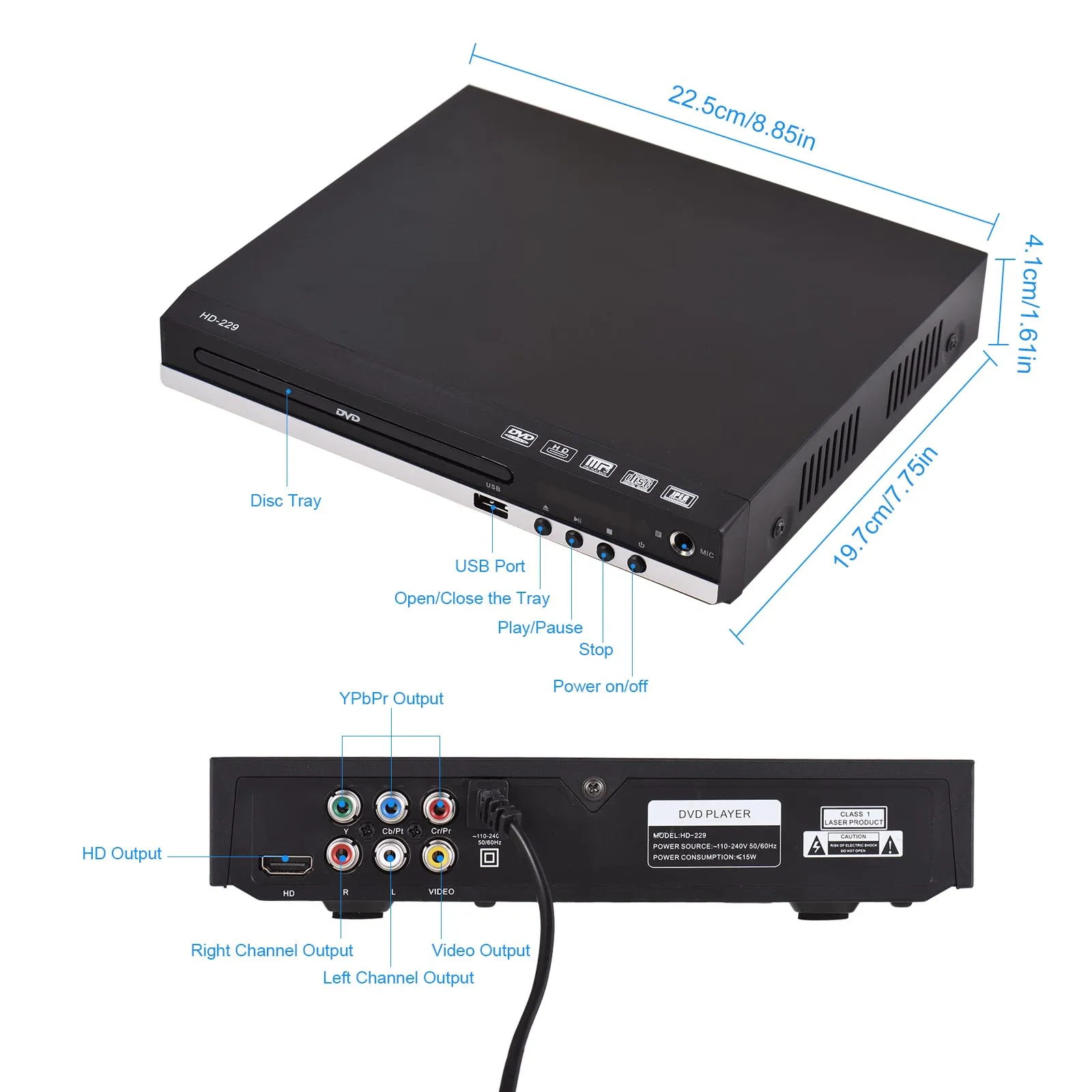 Reproductor de DVD en casa Reproductor de discos DVD CD Reproductor multimedia digital Reproducción de disco en U Salida AV HD con control remoto
