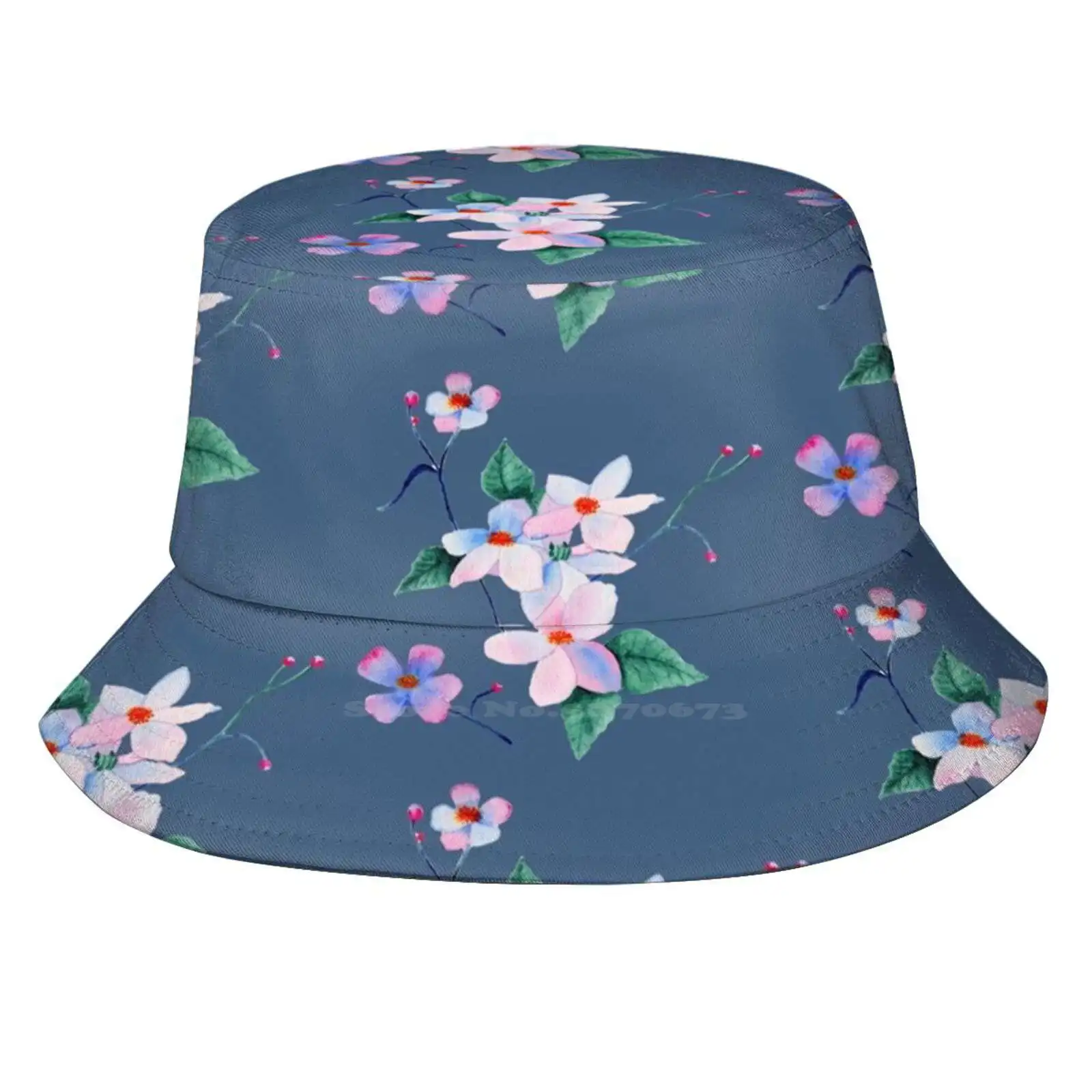 Pastel Floral Composition With Blue Background Women Men Fisherman Hats Bucket Caps Pastel Colors Watercolor Garden Pink Blue