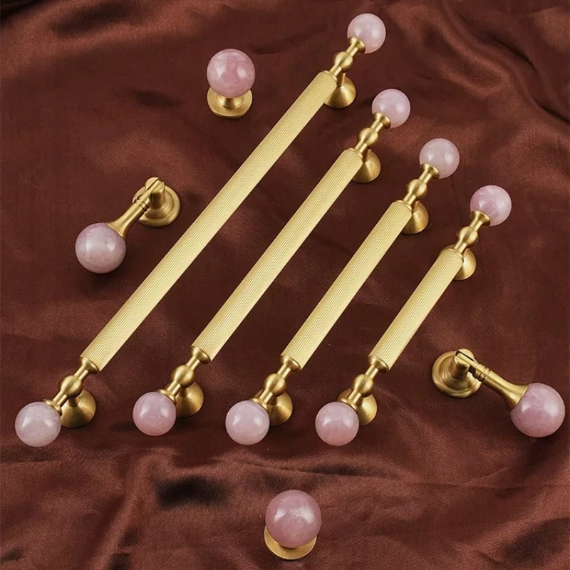 Gold Furniture Hardware Pink Rose Quartz + Brass Cabinet Pulls,Natural Crystal Ball Knobs for Kitchen Cupboard Dresser Wardrobe