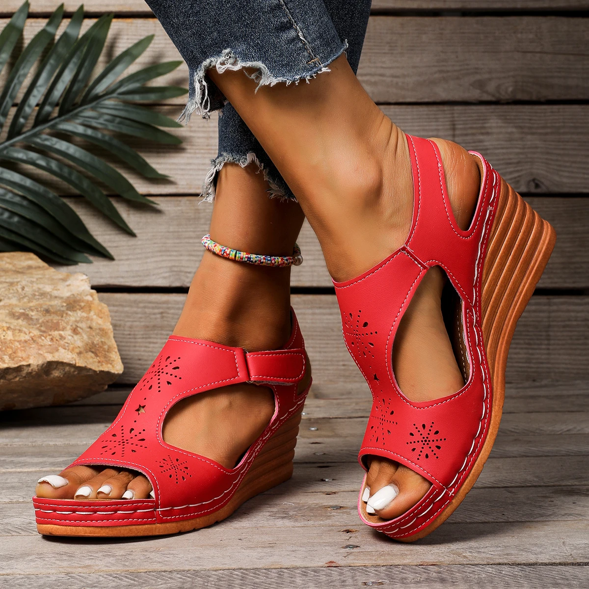 New Women's Contrast Color Wedge Sandals Summer Peep Toe Non Slip Beach Shoes Woman Comfortable Platform Roman Sandalias Mujer