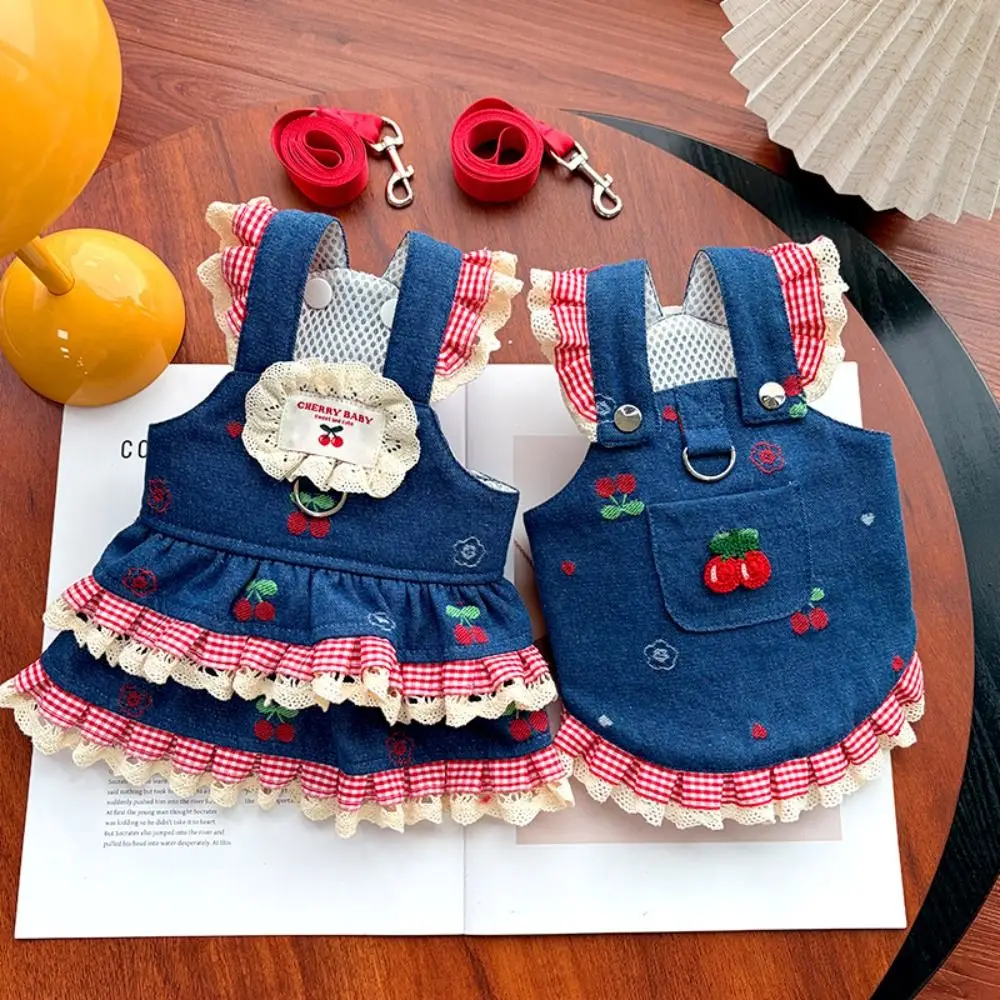Denim Cherry Pet Dog Skirt Breathable Mesh Suspender Dress Dog Denim Dress Lace Soft Vest Cat Clothes Spring Summer