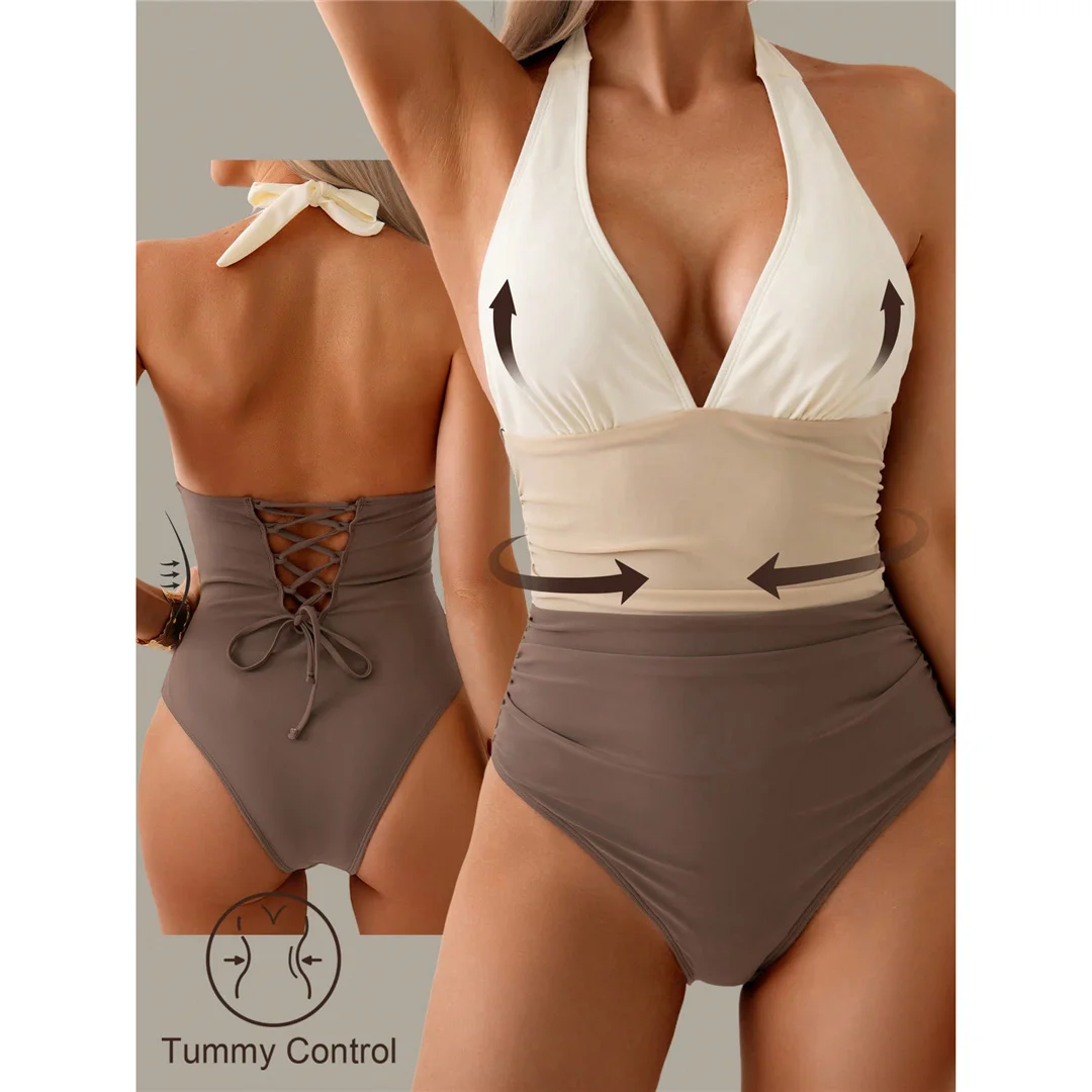 S - XL, V-Ausschnitt, rückenfreier Neckholder-Badeanzug für Damen, einteiliger Badeanzug, Monokini, gepolsterter Badeanzug, Badebekleidung, Badeanzug V7559 – Detail 9