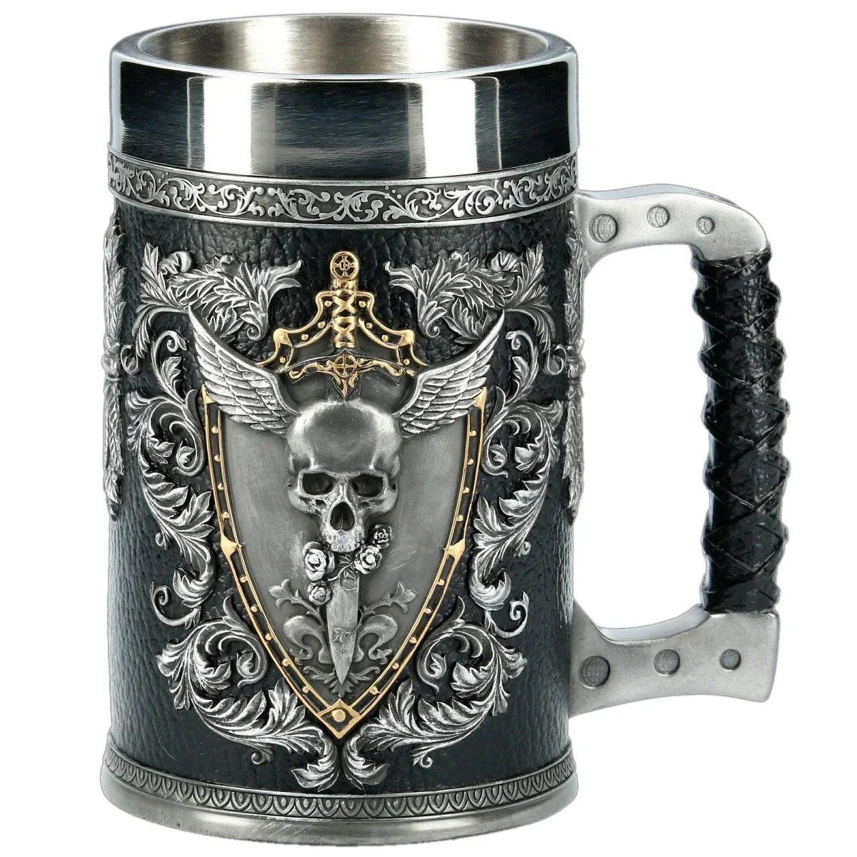 3D Beer Mugs Stein Tankard Double Headed Eagle Winged Sword And Shield Skull Crest Stainless Steel & Resin Coffee Cup Mug 600ml