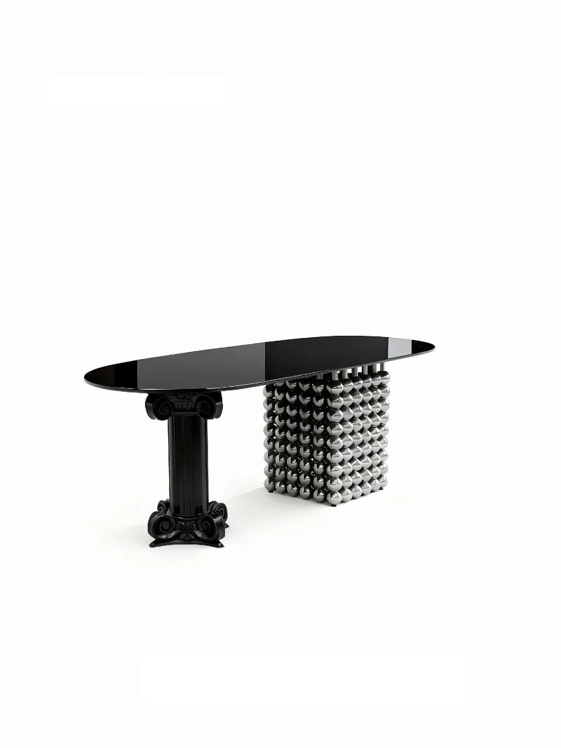 Simple French dining table Roman column steel ball support Art Deco oval long dining table furniture