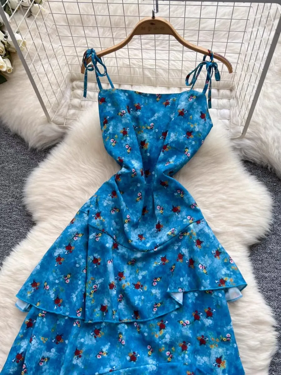 Foamlina Irregular Ruffle Boho Dress Women French Retro Halter Floral Print Cinched Waist Elegant Vacation Dress Trendy Chic