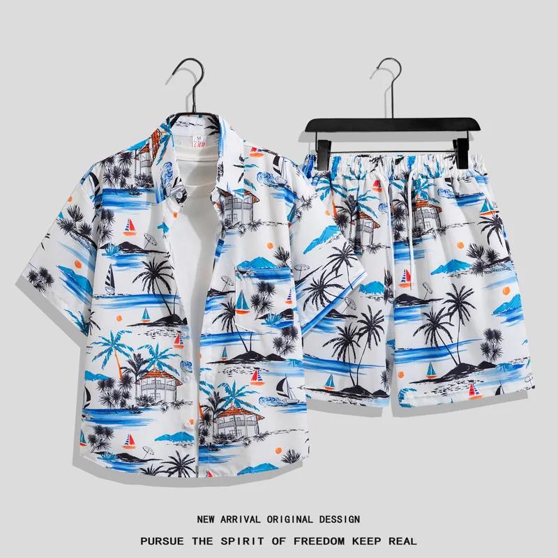 

European American Siberian Retro Short Sleeve Floral Shirt for Men Hawaiian Thailand Beach Vacation Couple Shorts Beachwear