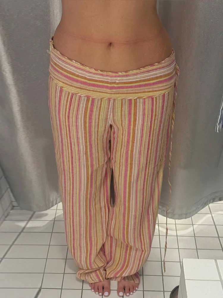 Gestreifte Bandage-Freizeithose für Damen, Streetwear, hohe Taille, Schnürung, getäfelte, lockere Hose mit weitem Bein, modische Partykleidung für Damen – Detail 4