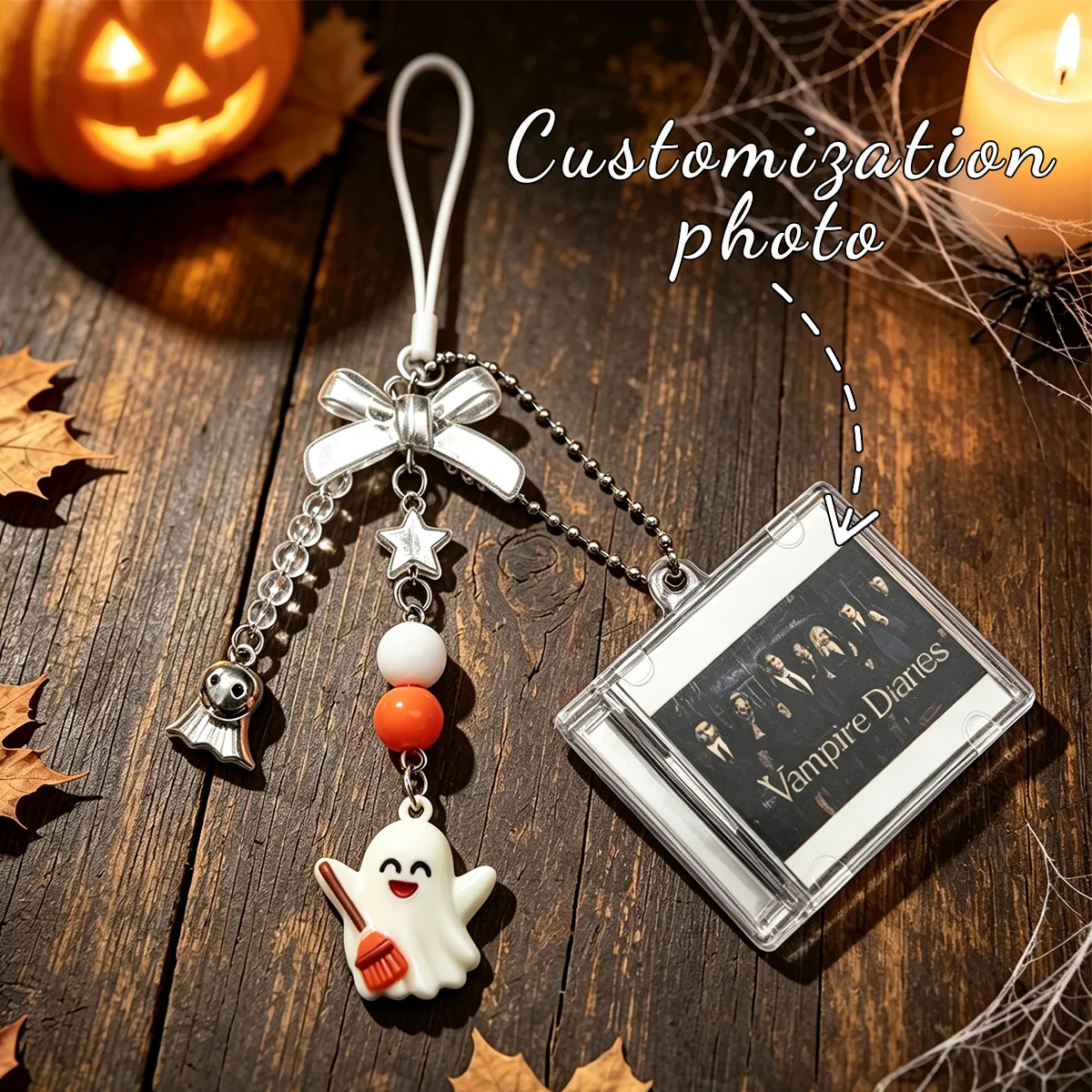 Mini CD Case Phone Charm, Halloween Ghost Bow Bead Charms, Custom Photo Album Strap Pendant for TV Show Fans