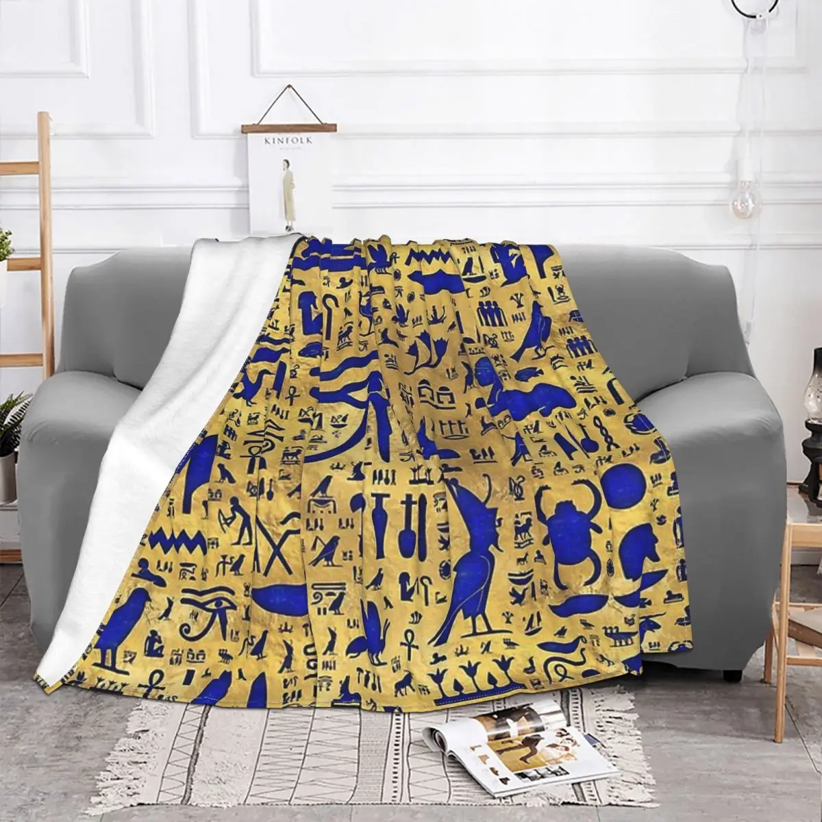 Hieroglyphic Lapis Lazuli And Gold Blanket Egyptian Cat Plush Spring Autumn Cute Thin Throw Blankets For Sofa Rug Piece