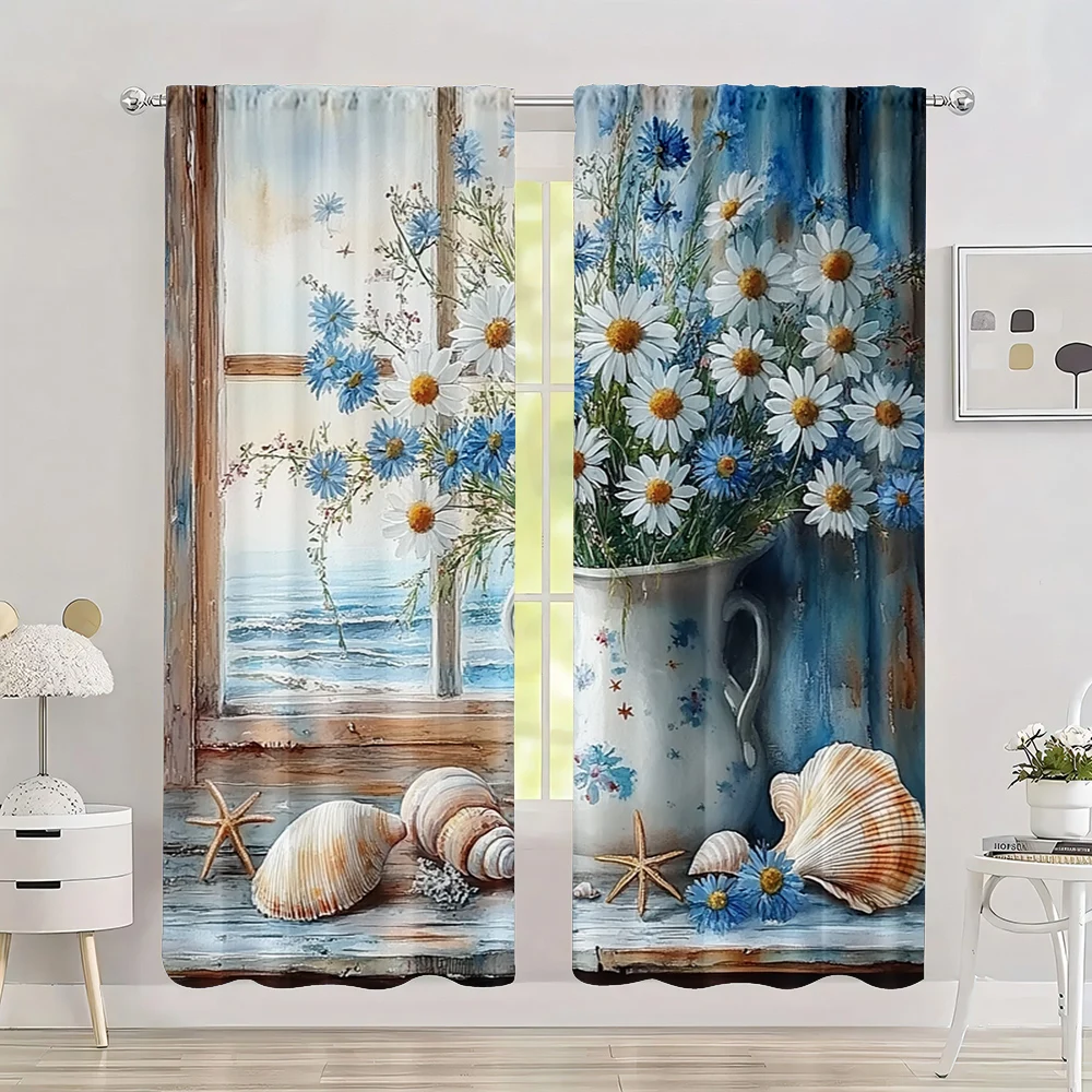 2pc,  Party Holid Curtain Blue daisies and starfish Versatile Polyester Fabric,Without Electricity Festive Wall Decor Use for