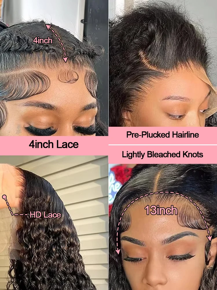 40 46 pollici ricci 13x6 HD trasparente parrucca anteriore in pizzo capelli umani onda d'acqua 13x4 parrucca frontale in pizzo onda profonda per le donne 250 densità