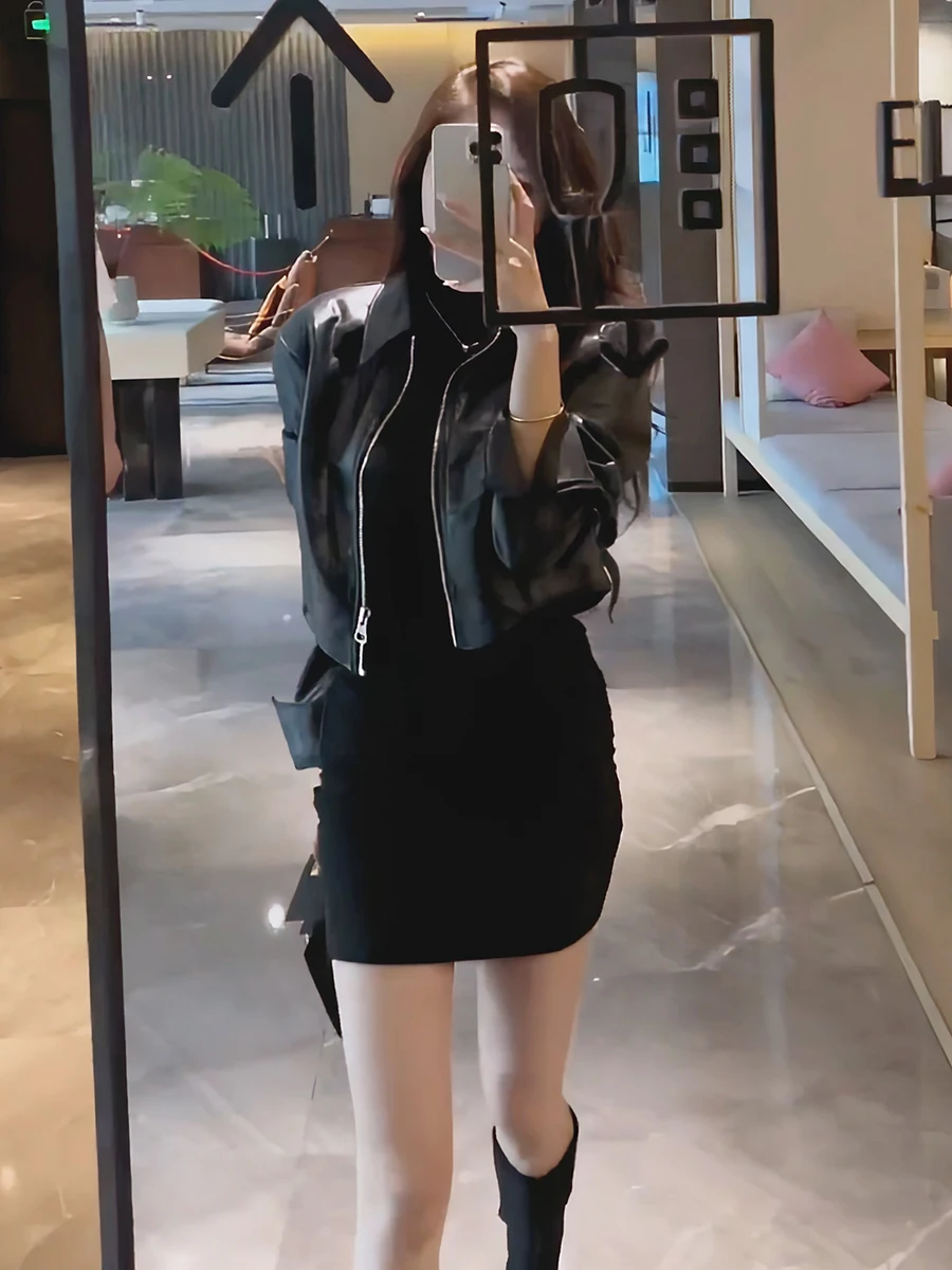 Ele ort Bla Couro Jaet Feminino Sle 2026 Nova Primavera High-End Feel Tamanho Pequeno Street Faion Fechamento com Zíper