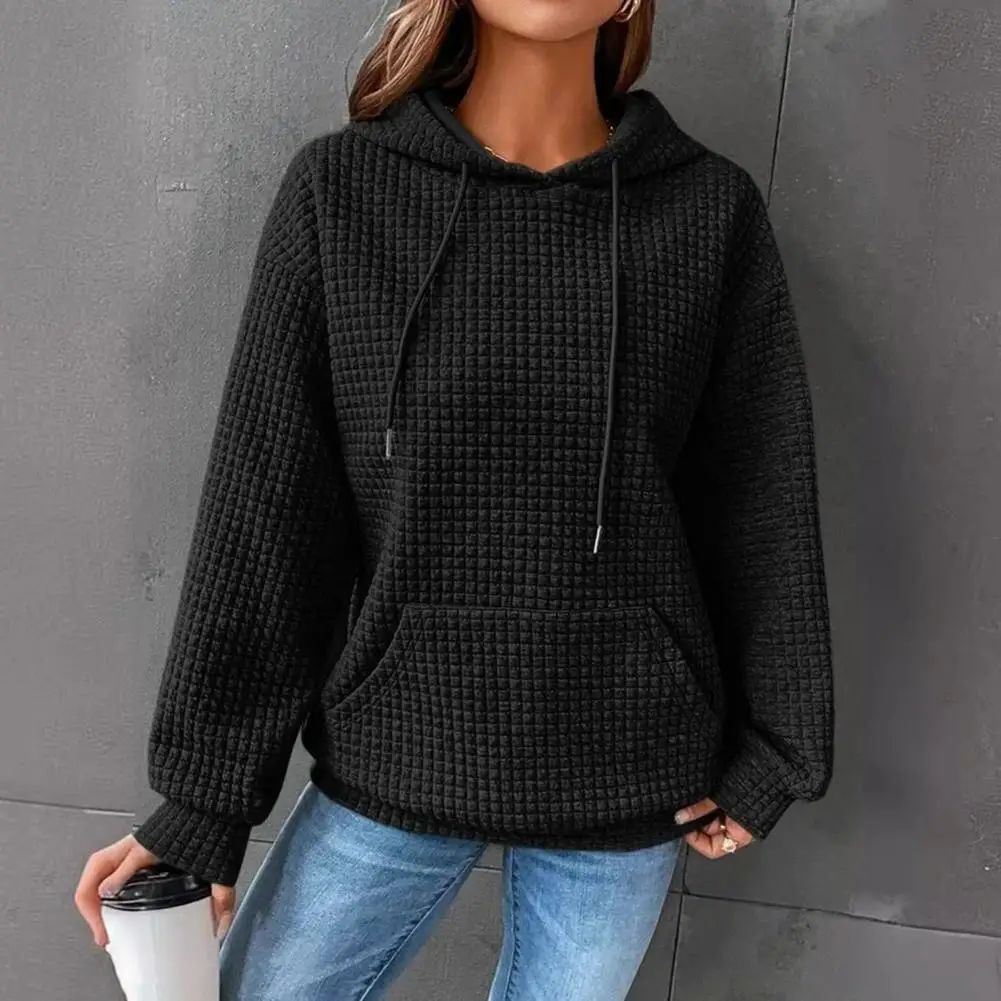 

Lady Hooded Top Waffle Texture Hoodie Cozy Loose-fit Pullover with Big Patch Pocket Drawstring Hood for Women's Fall/winter