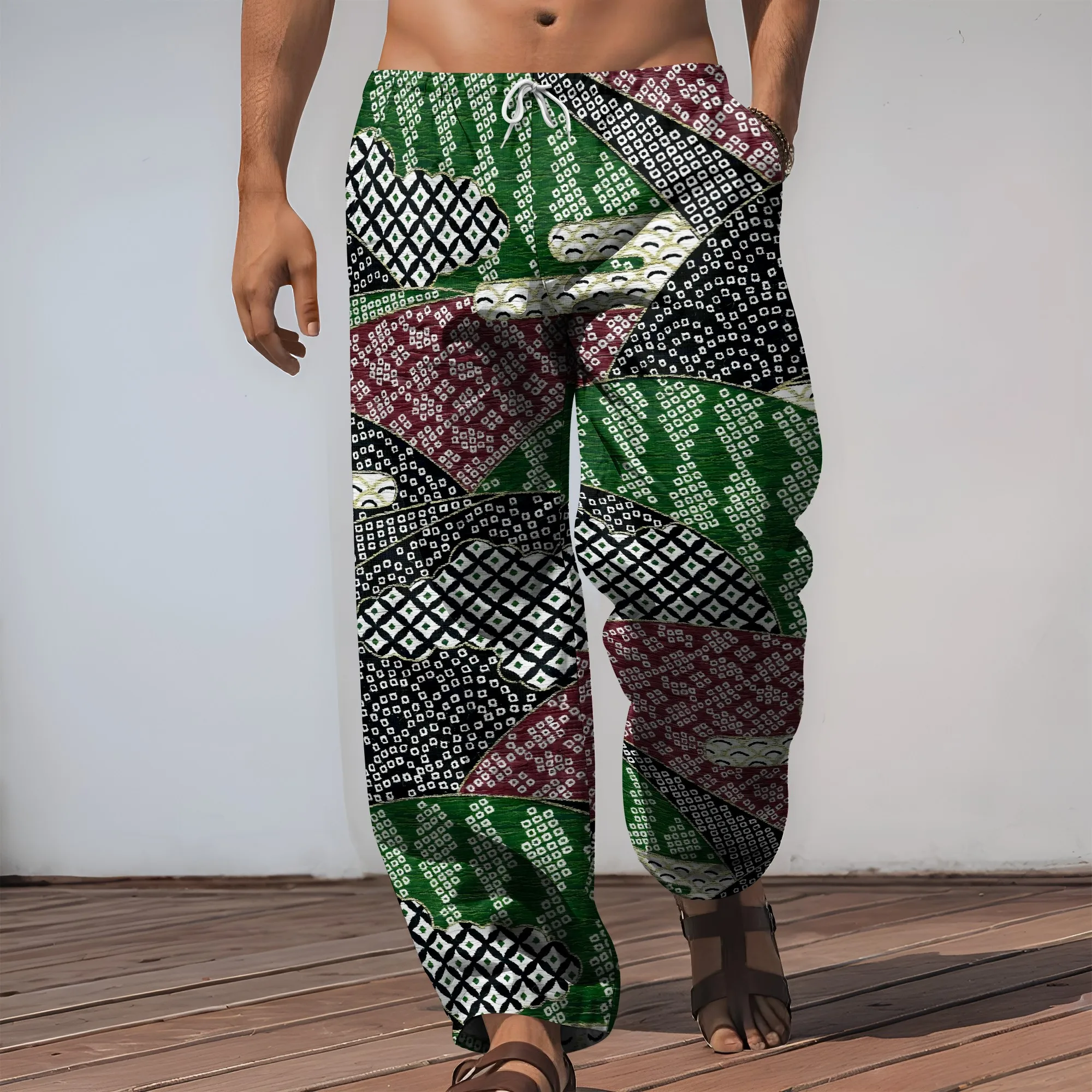 YEAE Geometric Patchwork Print Pants for Men Summer Casual Loose Drawstring Trousers