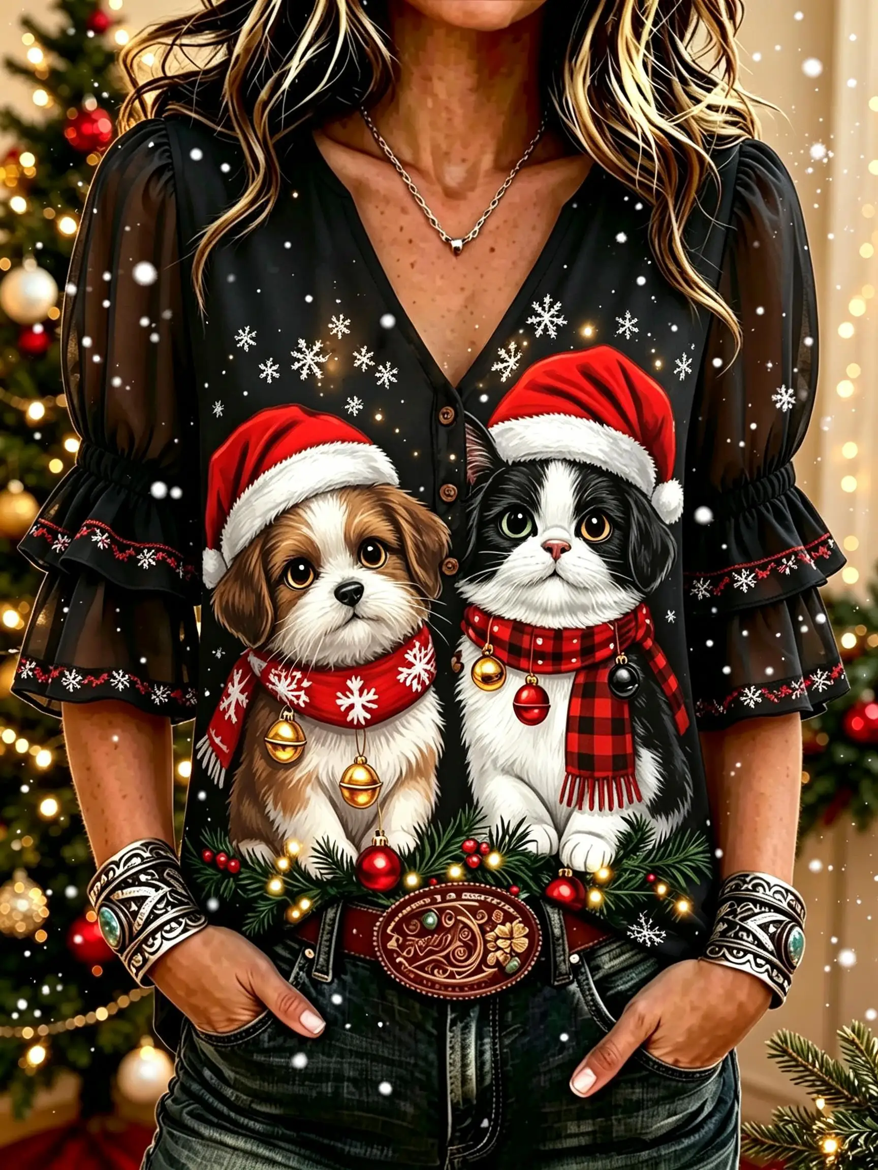 Women V Neck Half Button Blouse Mesh Tiered Ruffle Sleeve Christmas Cartoon Graphic Print Holiday Party Top