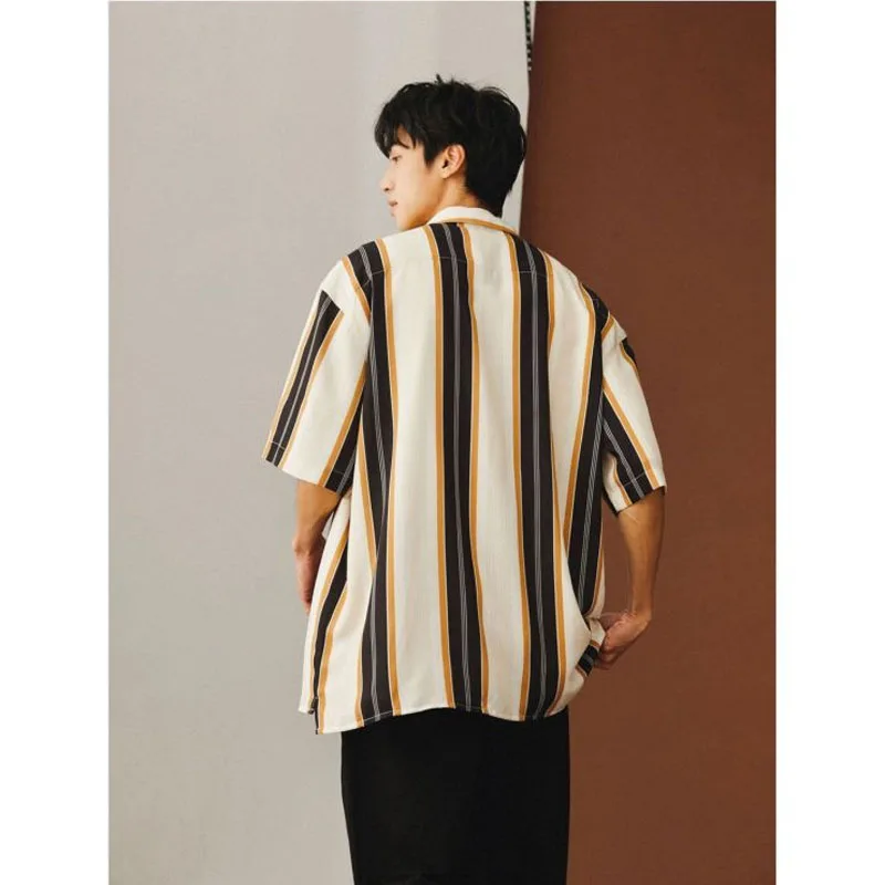 Young Style 2024 Summer New Men's Contrast Color Striped Spliced Pockets Button Square Collar Half Sleeve Loose Casual Shirt Top