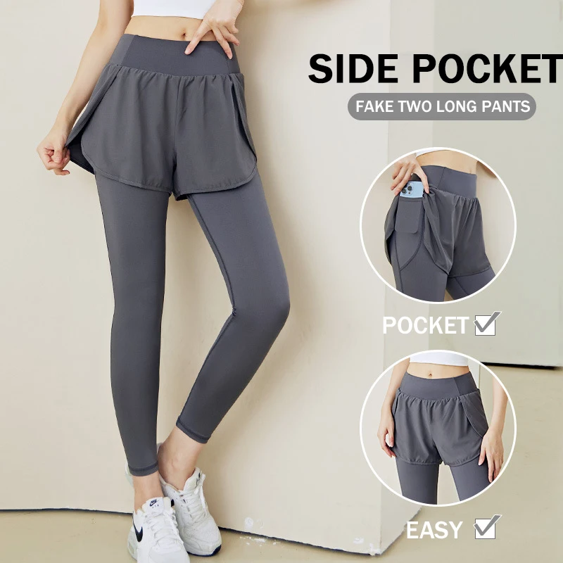 

Fake Two Piece Sports Tight Pants with High Waist Elastic Hip Lifting Small Foot Fitness Running Pocket Yoga Pants