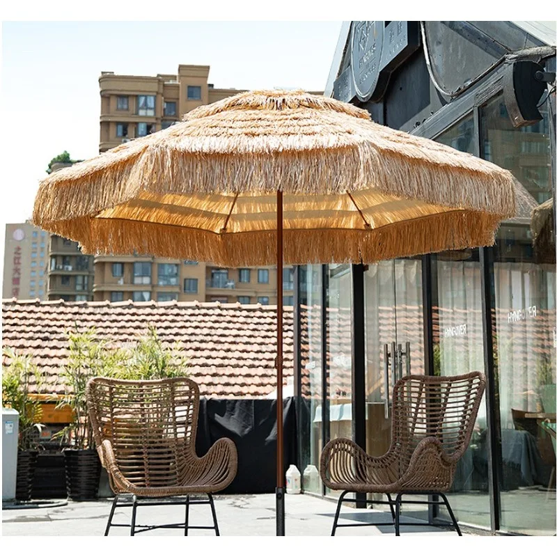Outdoor sunshade umbrella, imitation straw umbrella, middle pillar    vintage pastoral farmhouse scenic area thatched umbrella