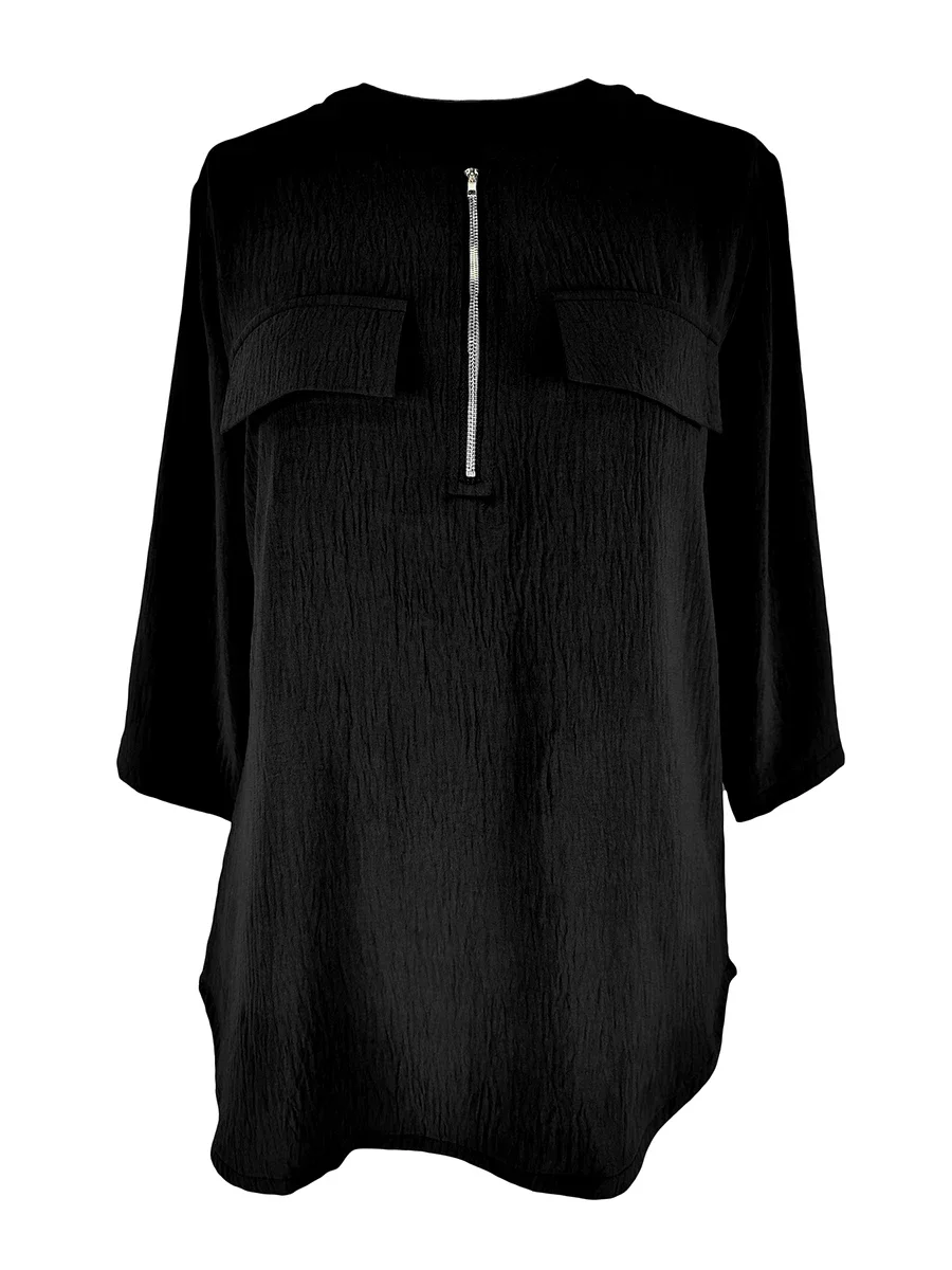 Heißer Verkauf Elegantes Damen-Oberteil mit Reißverschluss und V-Ausschnitt, Schwarzes Top, Modische 3/4-Ärmel-Bluse, Locker Sitzendes T-Shirt mit Tasche, Büro-Damenhemd – Detail 4