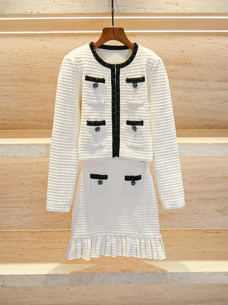 

High-End Knitted Sweater Coat And Skirt Set for Women Ele Autumn Faion Two-Piece Ensemble Polyester Fiber Long Sle...