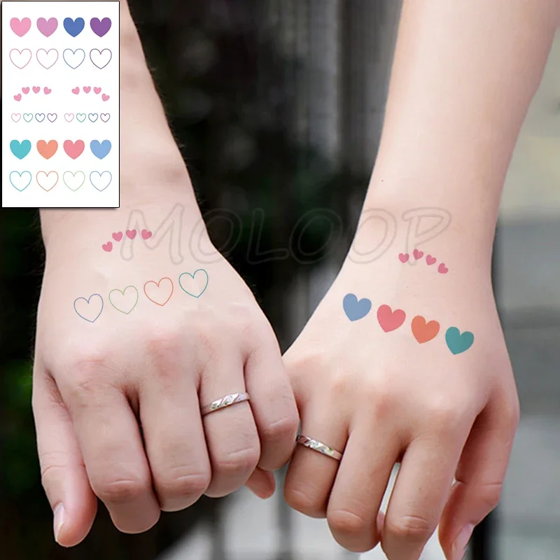 Colorfull Love Heart Tattoo Stickers Cute Sweet Small Body Art Temporary Fake Tattoo for Woman Kids 105*60 Mm