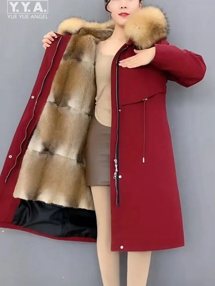 Señora cremallera forro interior desmontable piel de mapache Real abrigo largo cuello ajustado abrigo invierno grueso cálido abrigo largo señoras