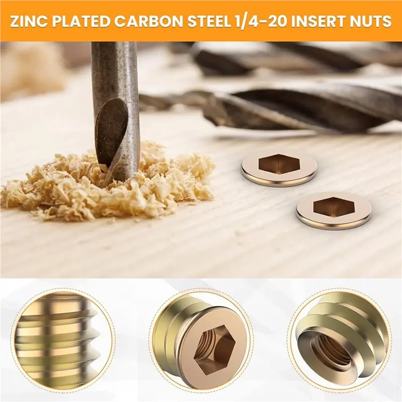 AB34-100 Sets 1/4-20 X 19/32 Inch Threaded Insert And Bolt For Wood, Hex Socket Drive Furniture Screw Nut Assortment Kits