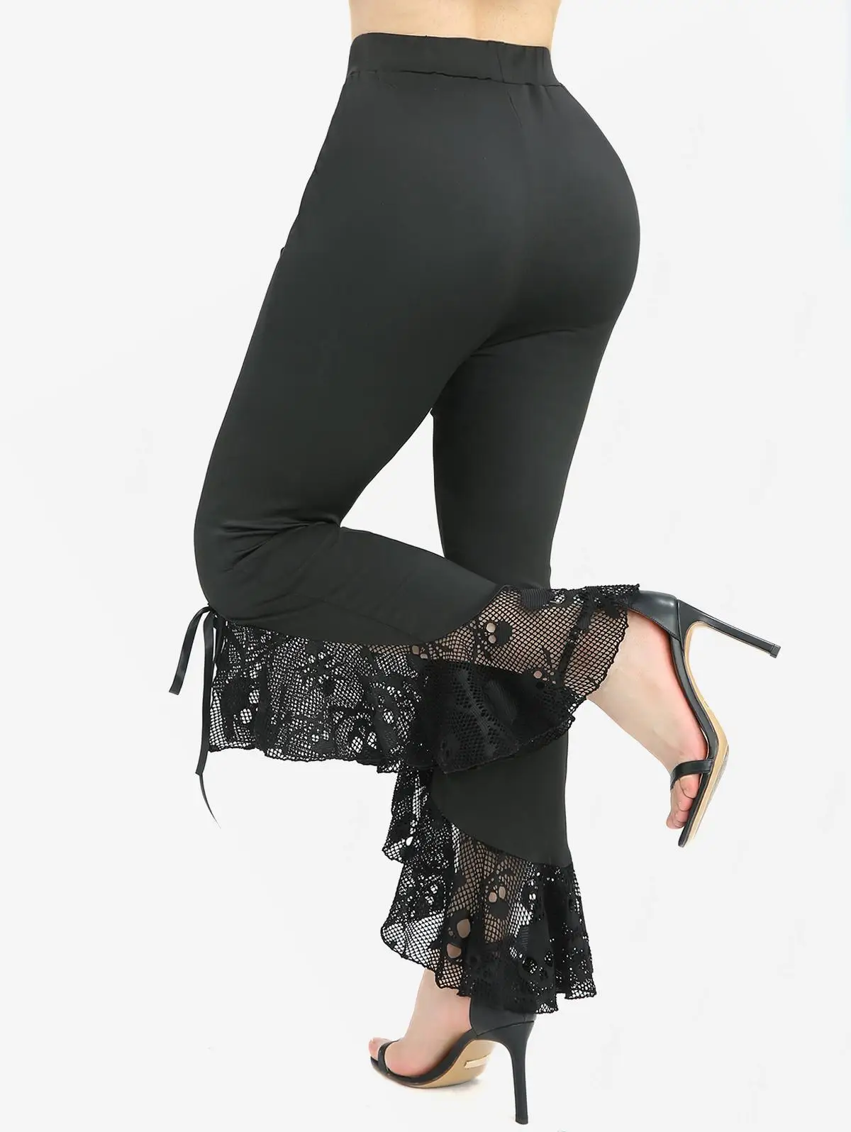 Plus Size Flare Pants Women Casual Black Trousers Skull Fishnet Mesh Trim Lace Up Ruffles High Low Asymmetric Pants