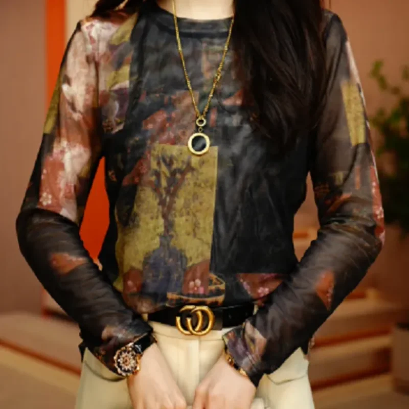 

Fashion Slimming T-shirt Autumn New Style High-end Printed Long-sleeved Skin Mesh Top