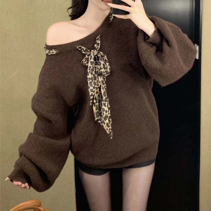 Slant Collar Leopard Lace-up Loose Cashmere Long Sleeve Sweater Women 2024 Autumn New Streetwear Sexy Strapless Casual Knit Tops