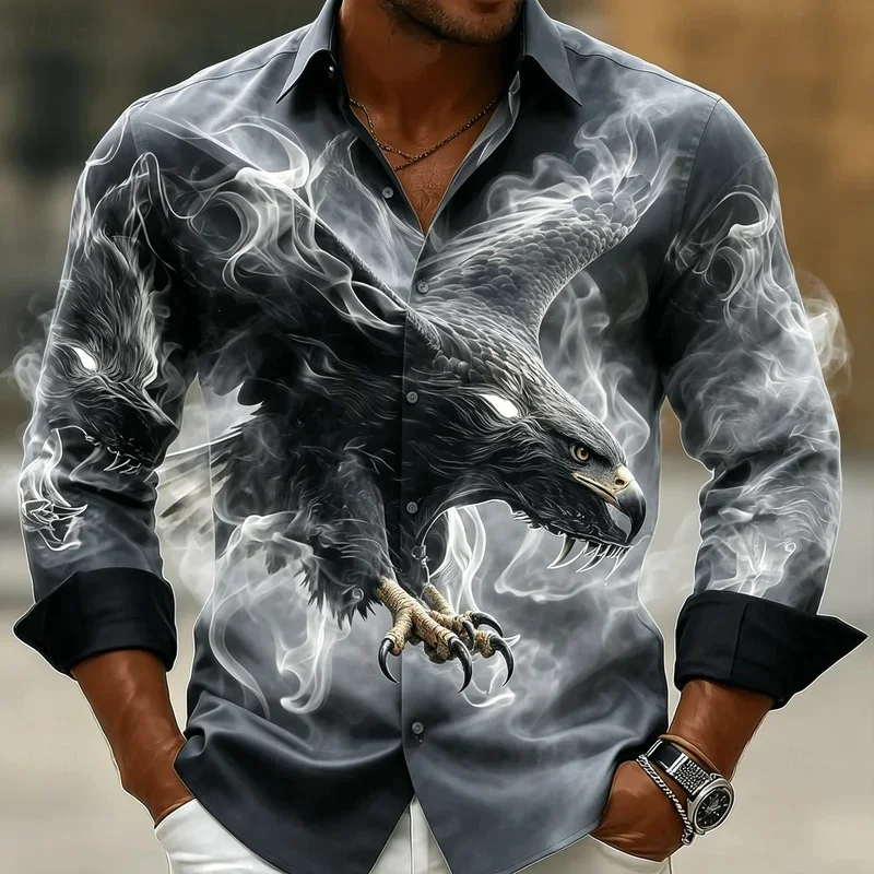 Men's Black Dragon Print Long Sleeve Shirt, 3D Twin Head Dragon with Flames, Gothic Fantasy Style Button Down for Spring Summer