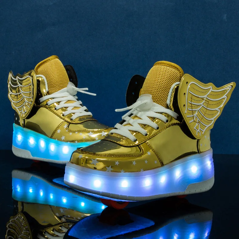 2025 new double-wing glossy double-wheel power walking shoes, rechargeable children's light-emitting shoes, roller skates