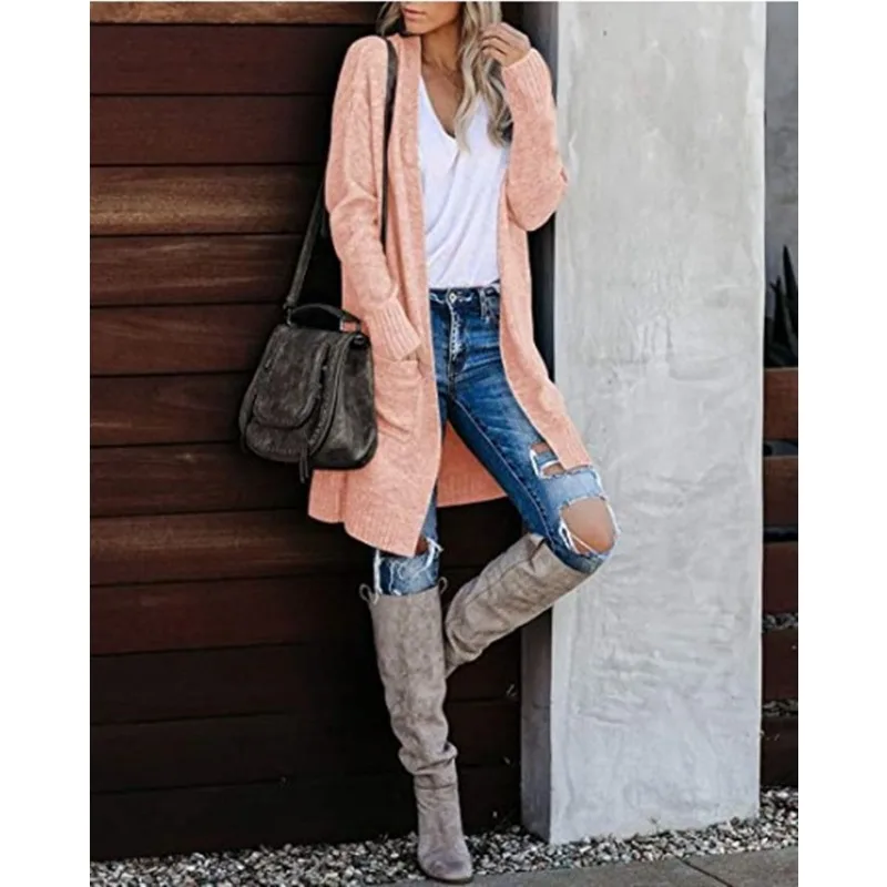 سترة نسائية محبوكة للخريف بأكمام طويلة سترة تريكو فضفاضة محبوكة غير رسمية للنساء