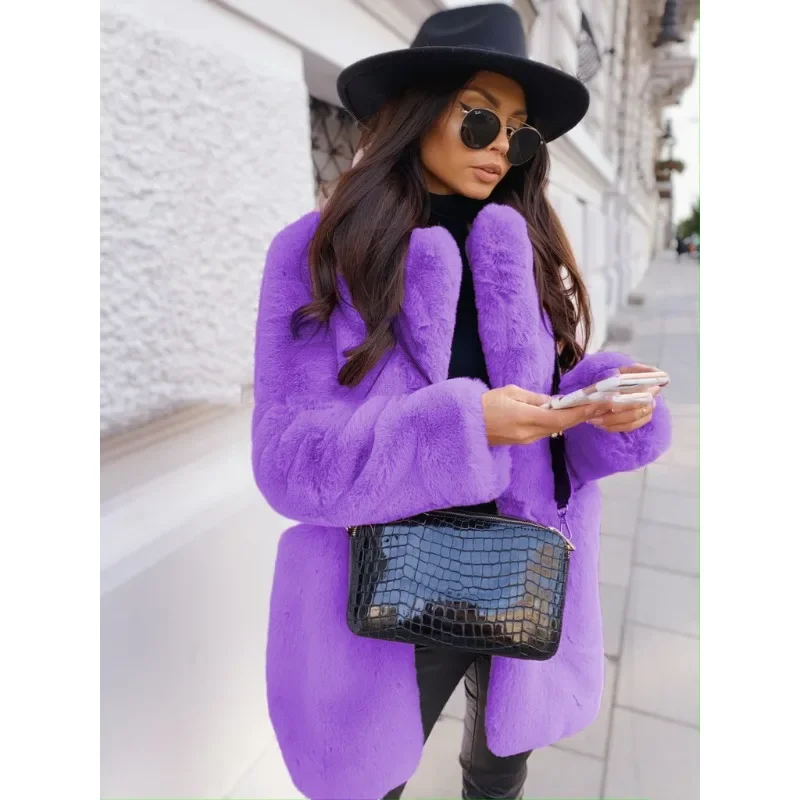 European American Temperament Commuter Long Sleeve Lapels Imitation Fur Coat Solid Color Warm Plus Size Overcoat Faux Fur Coat