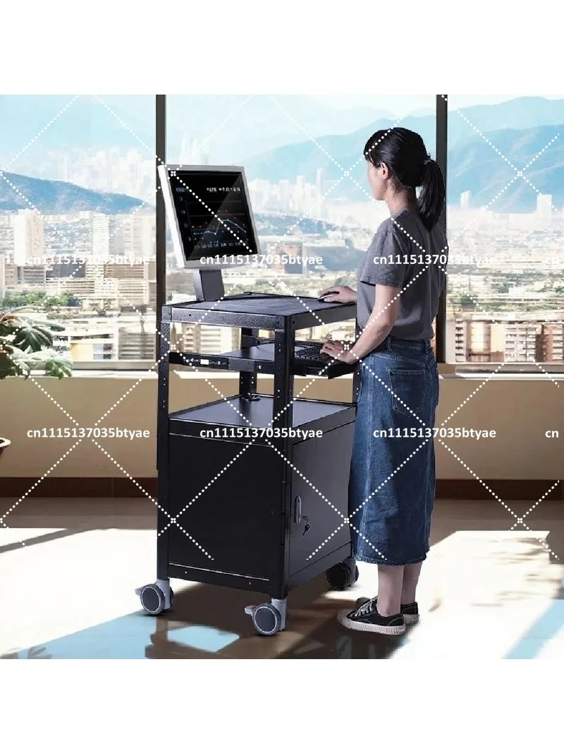Adjustable Pneumatic Lift Computer Cart with Rotating Display Bracket, Mobile Workbench Trolley for Server Room Desk Setup