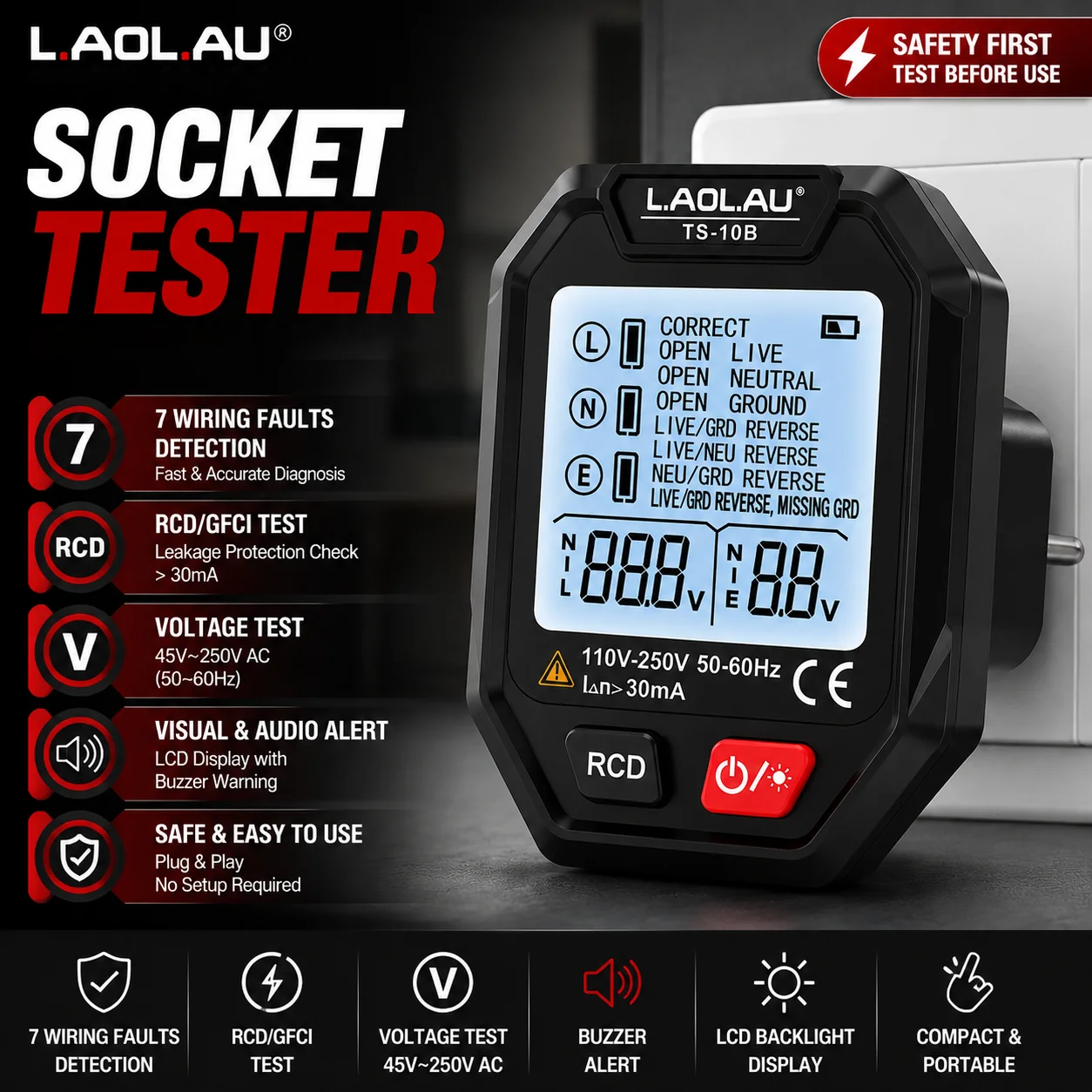 TS-10B EU Plug Socket Tester, Electrical Outlet Receptacle Checker, LCD Voltage Display, Wiring Fault Detector, RCD Leakage Test