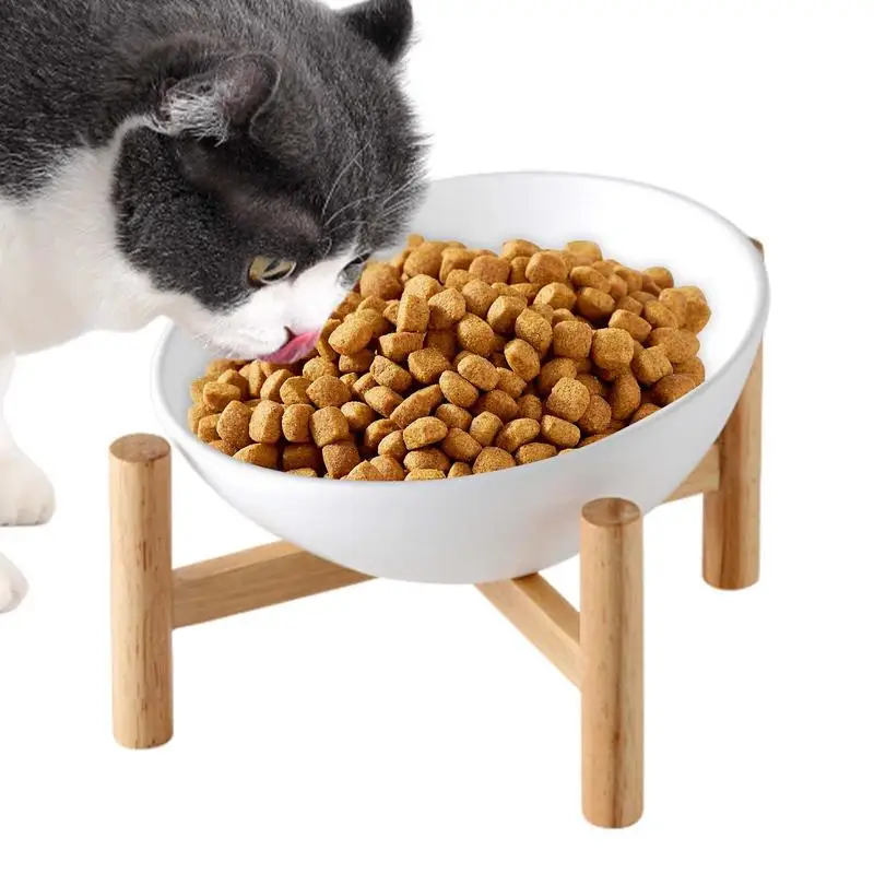 Raised Tilted Cat Bowl Dog Dishes Spill Proof Pet Feeder Anti Vomit Pet Bowl with Wood Stand Non Slip Dog Food Container