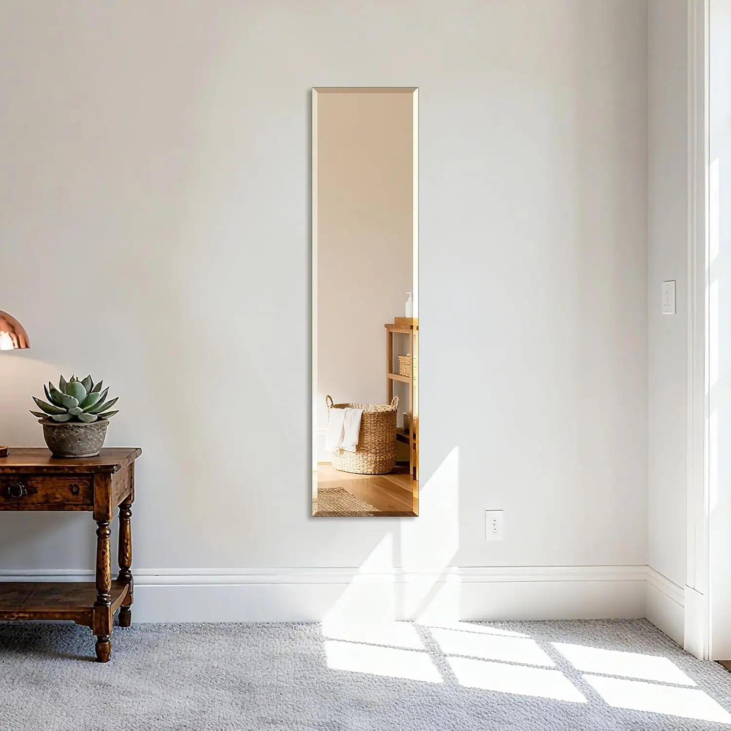 Wall Frameless Full Length Mirror 48x12 Inch Bathroom Vanity Mirror Farmhouse Large Rectangle Mirror Beveled Edge Tempered Glass