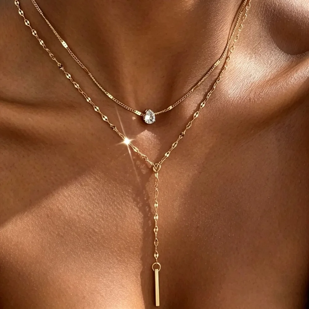 Y Shape Tassel Water-drop Zircon Layered Necklace for Women Minimalist Clavicle Chain Y2K Fashion Jewelry Accessories Party Gift