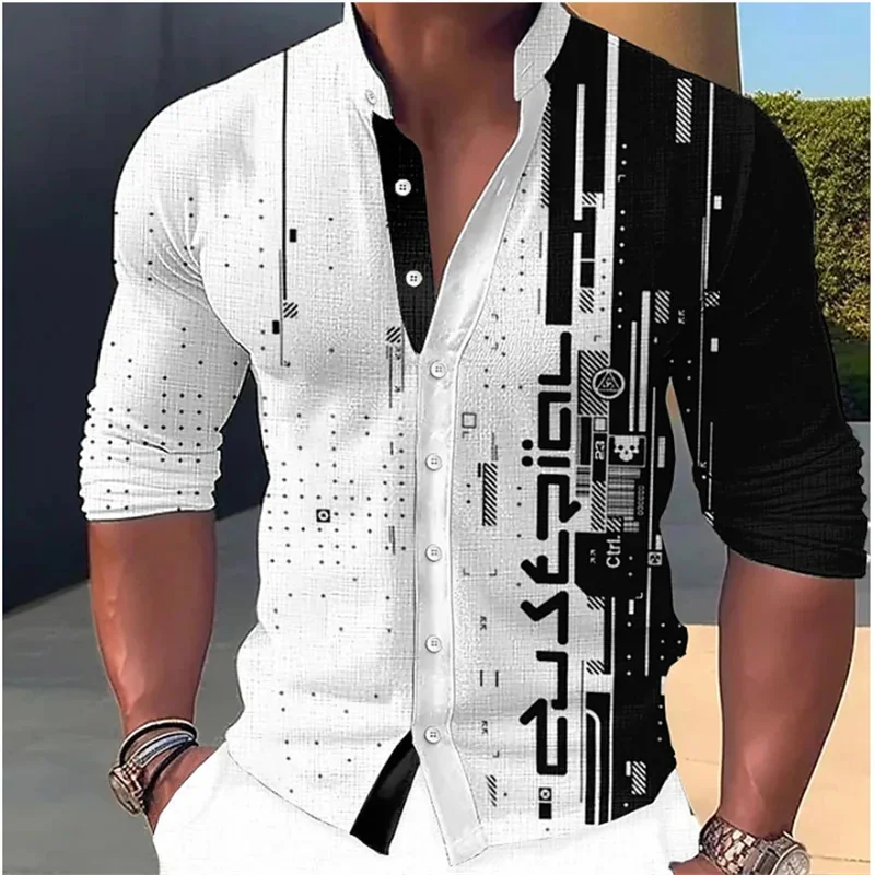 Camisa con estampado geométrico para hombre, ropa de calle blanca con cuello levantado, manga larga, diseño informal a la moda