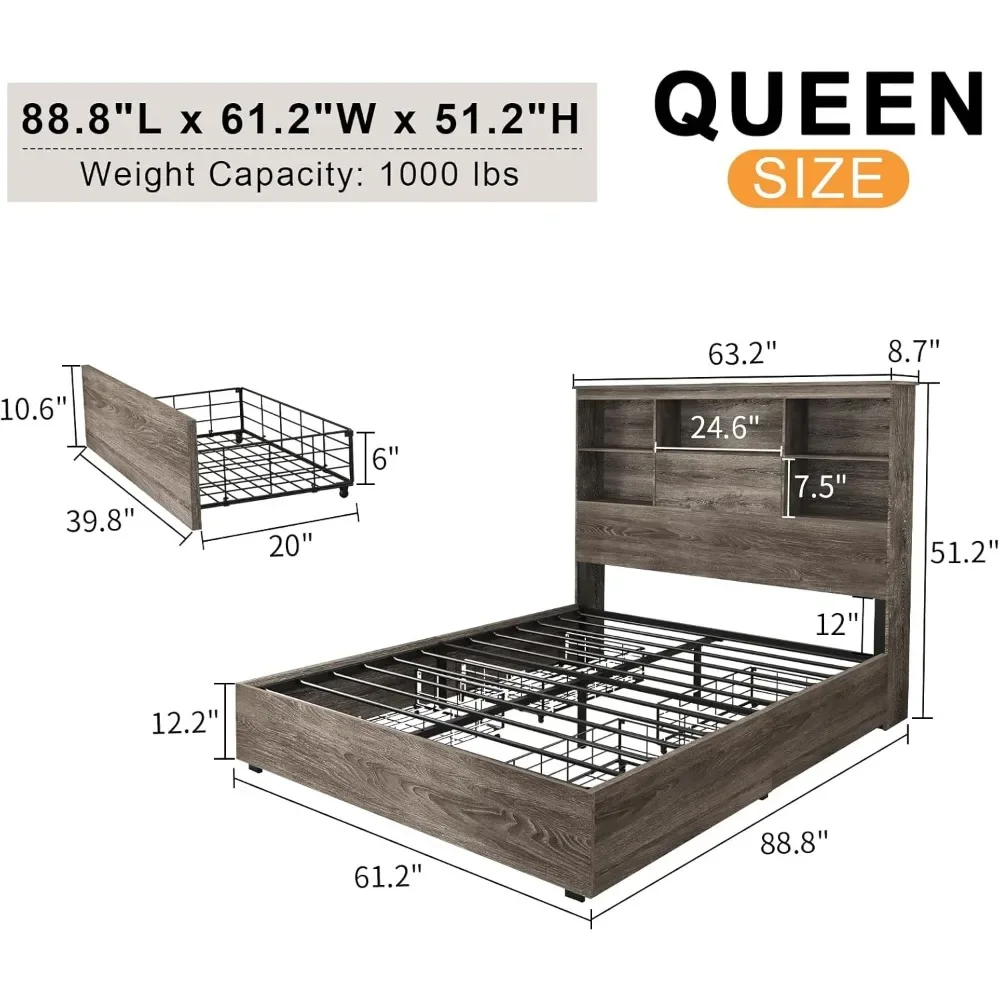 Queen Bed Frame with LED Bookcase Headboard, Wooden Storage Bed with Charging Station & 4 Drawers, Bed Frame