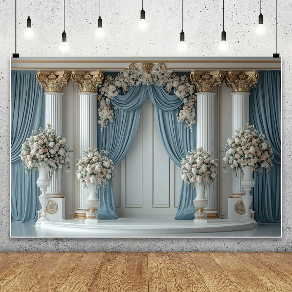 

Blue Curtains Palace Arches Columns Photography Backgrounds Wedding Party Decoration Floral Bride Portrait Photo Shoots Backdrop