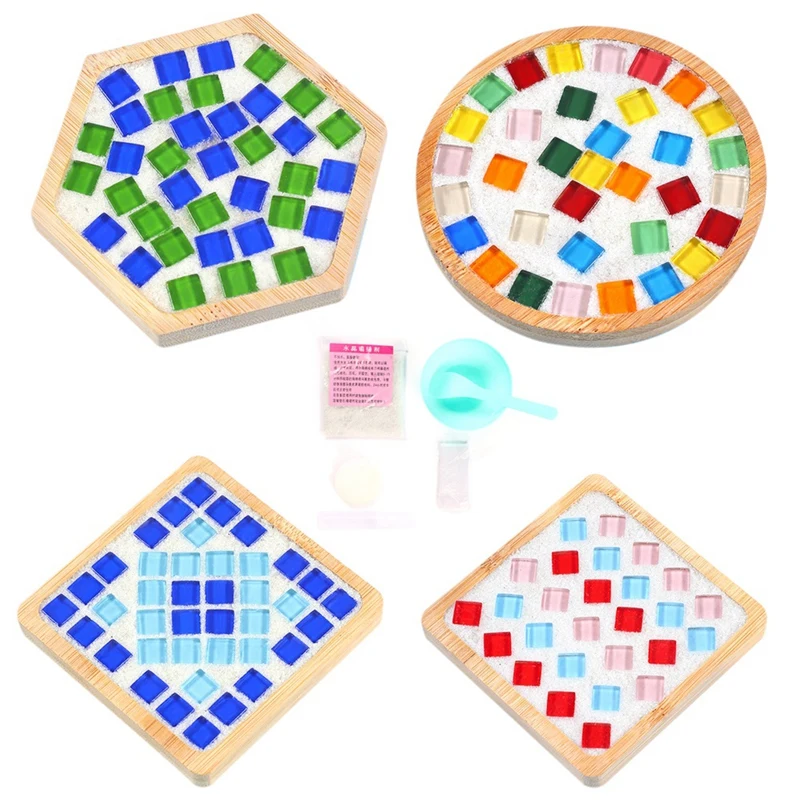 4 Sets DIY Glass Mosaic Coaster Tiles for Crafts Mixed Color Mosaic Kits with Wooden Coaster for Adults Mosaic Crafts-A78U