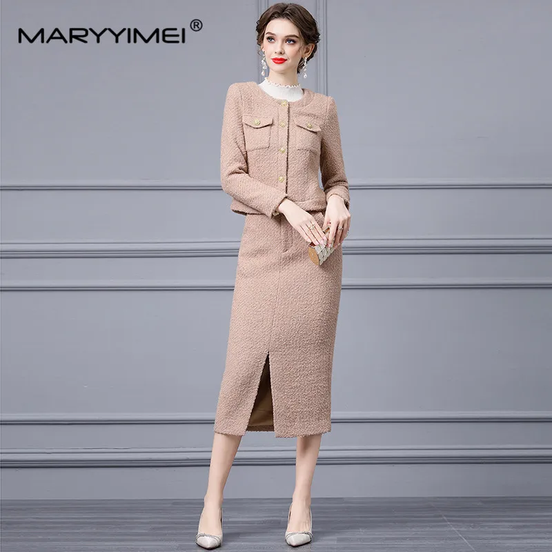 Maryimei moda autunno vestito di Tweed da donna a maniche lunghe cappotto monopetto giacca + pacchetto gonna divisa all'anca Set di due pezzi