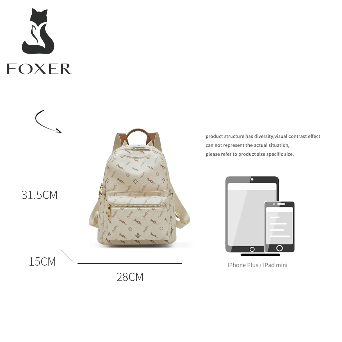 FOXER-Sac à dos monogramme pour femme, sac à dos de voyage pour femme, impression Signature PVC, mode initiée, sac à dos décontracté pour femme