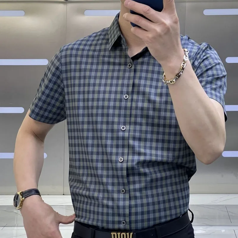 Fashionable Slim Plaid Printed Shirt 2023 Summer Male Clothes Business Trend Fashion Short Sleeve Single-breasted Shirts for Men